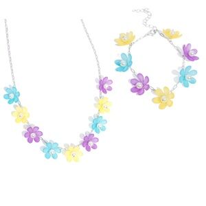 Floral Necklace and Bracelet Set in Yellow, Purple, and Blue